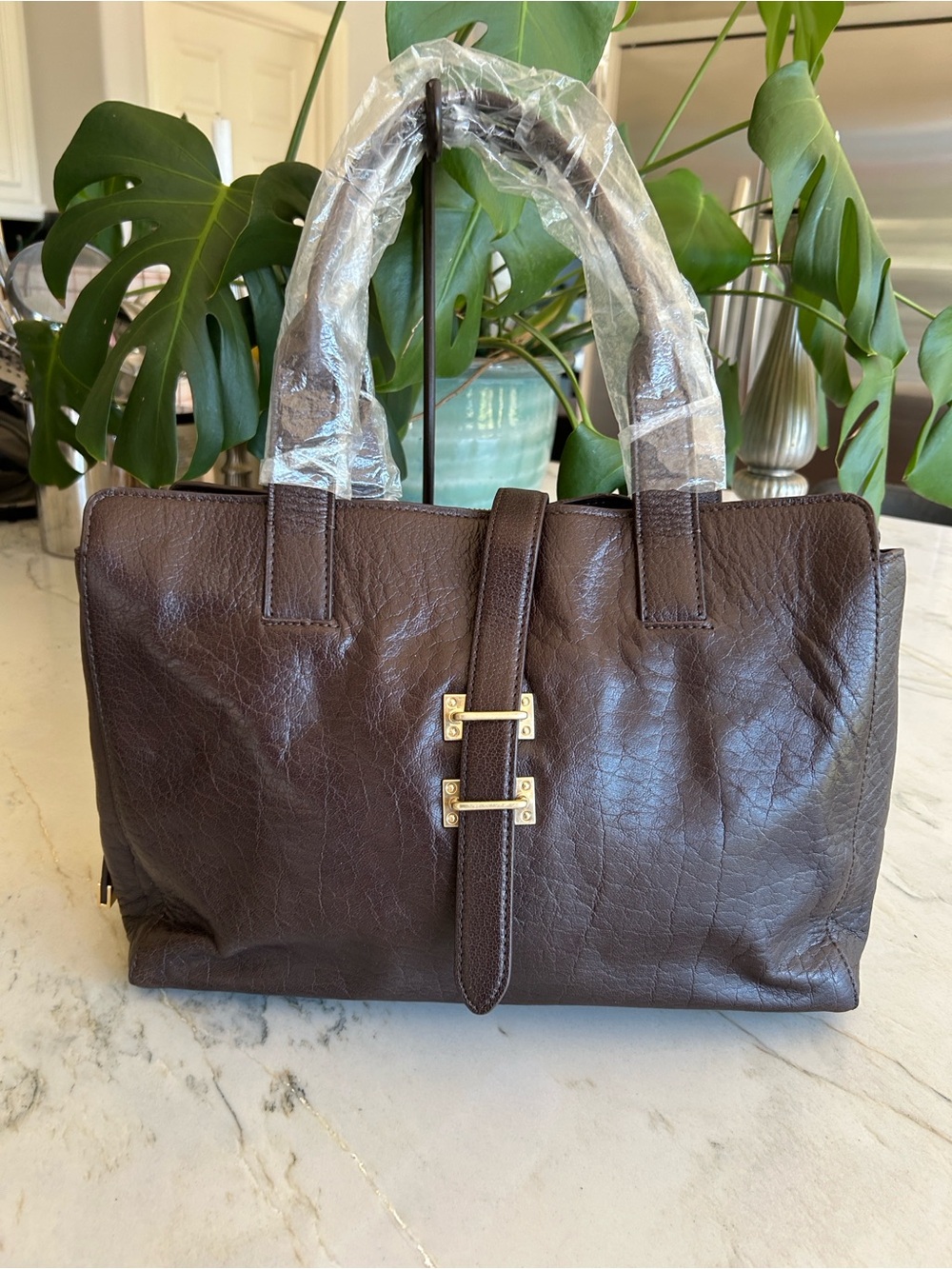 Foley + Corinna Dark‎ Brown Leather Top-Handle Satchel with Gold Hardware
